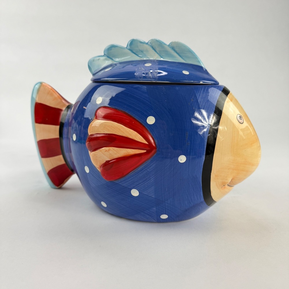 Certified International Coco Dowley Blue Polka Dot Fish‎ Ceramic Cookie Jar